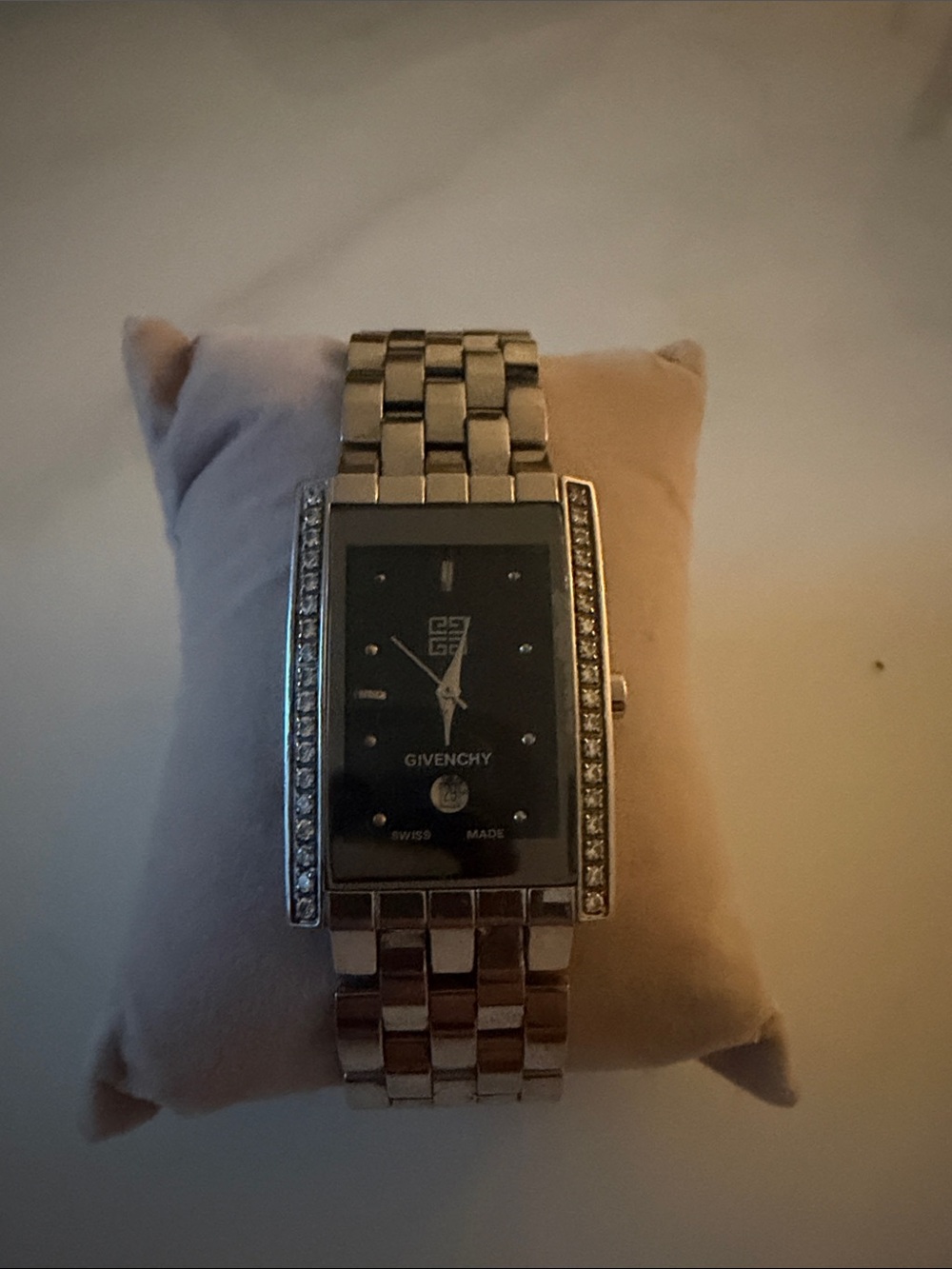 Givenchy Silver-Tone Bracelet Watch with Black Dial and Crystal Accents